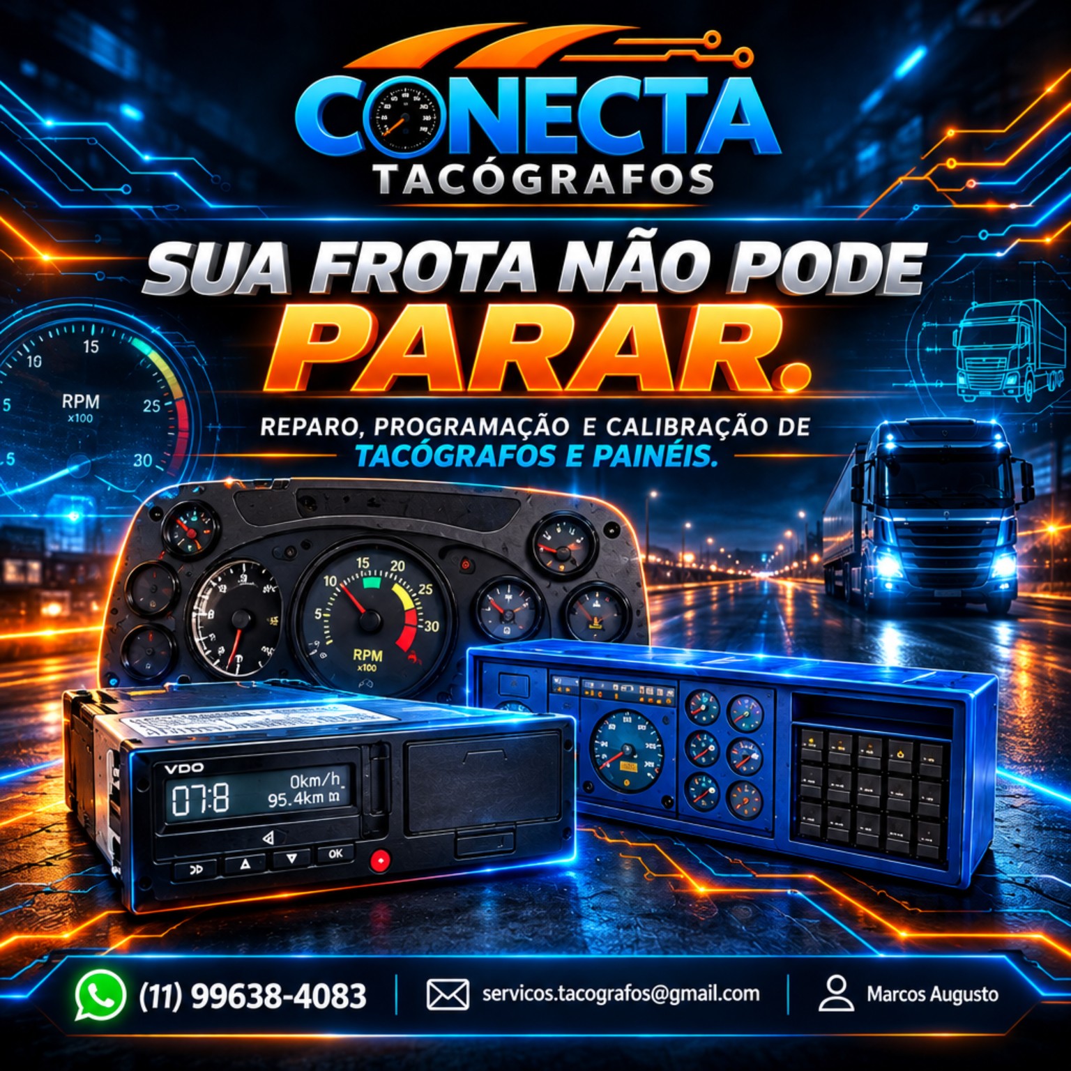 Arte da Conecta com tacógrafo, painel e caminhão, destacando reparo, programação e calibração