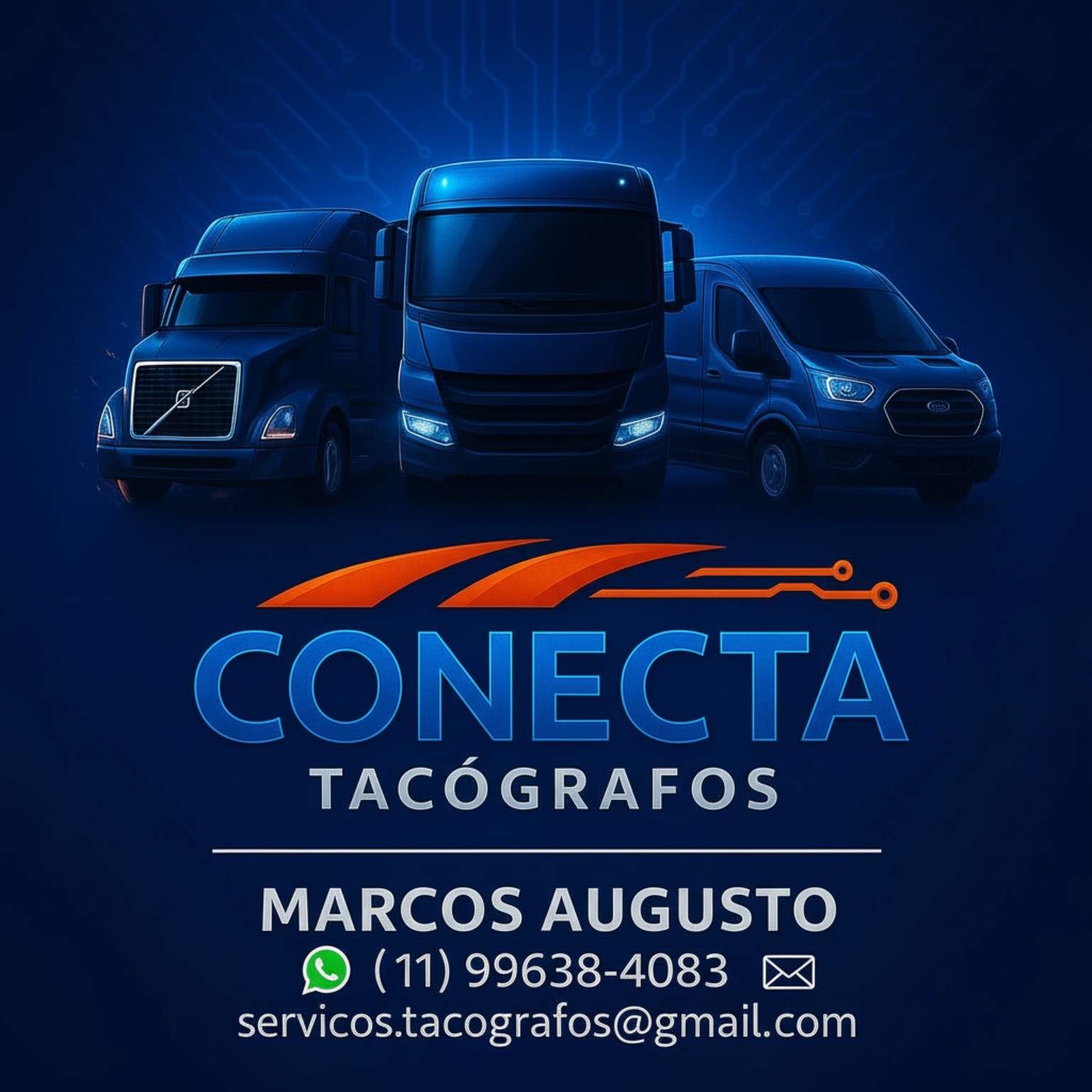 Arte oficial da Conecta Tacógrafos, com caminhões e canais de contato