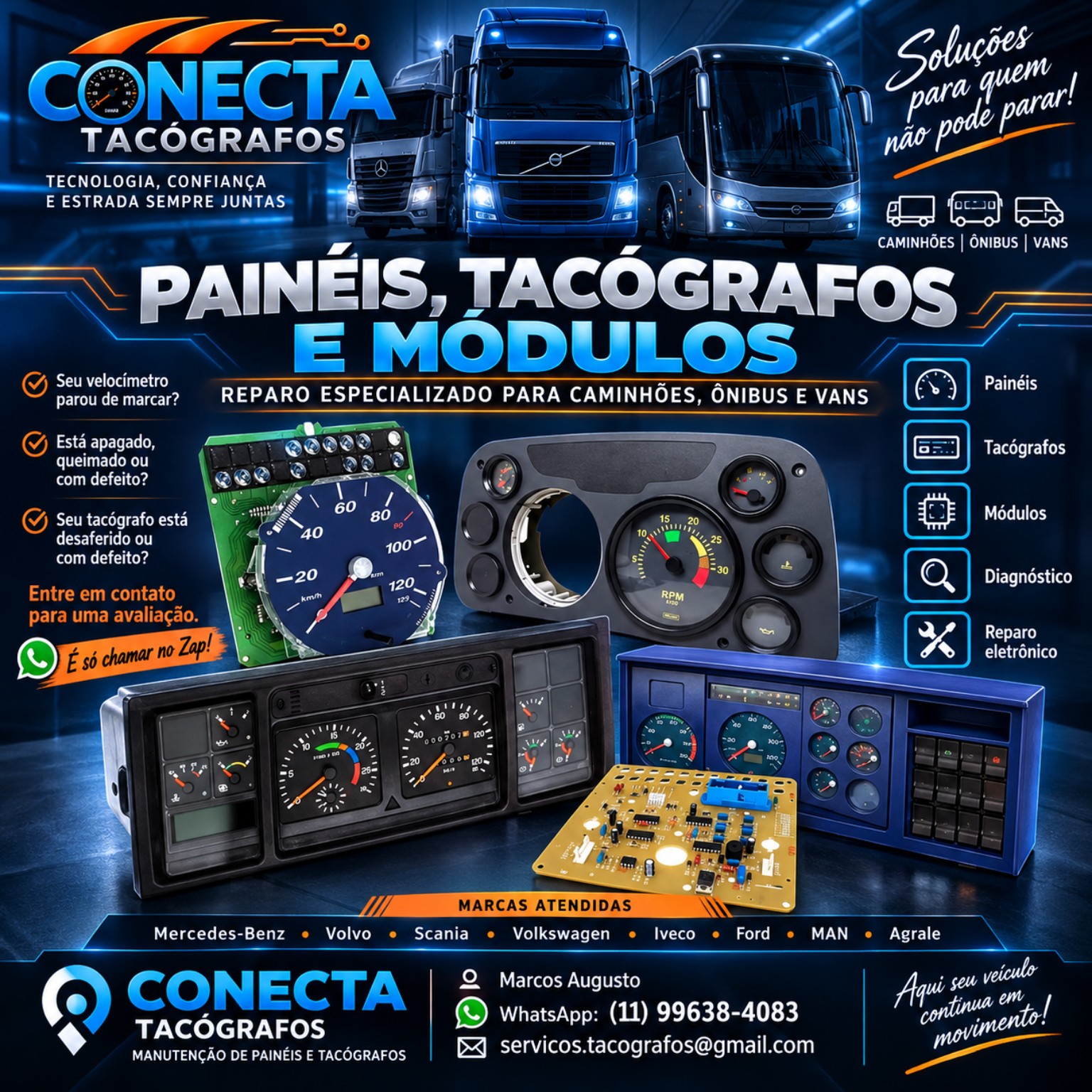 Arte da Conecta apresentando painéis, velocímetros, módulos e instrumentos de caminhões, ônibus e vans
